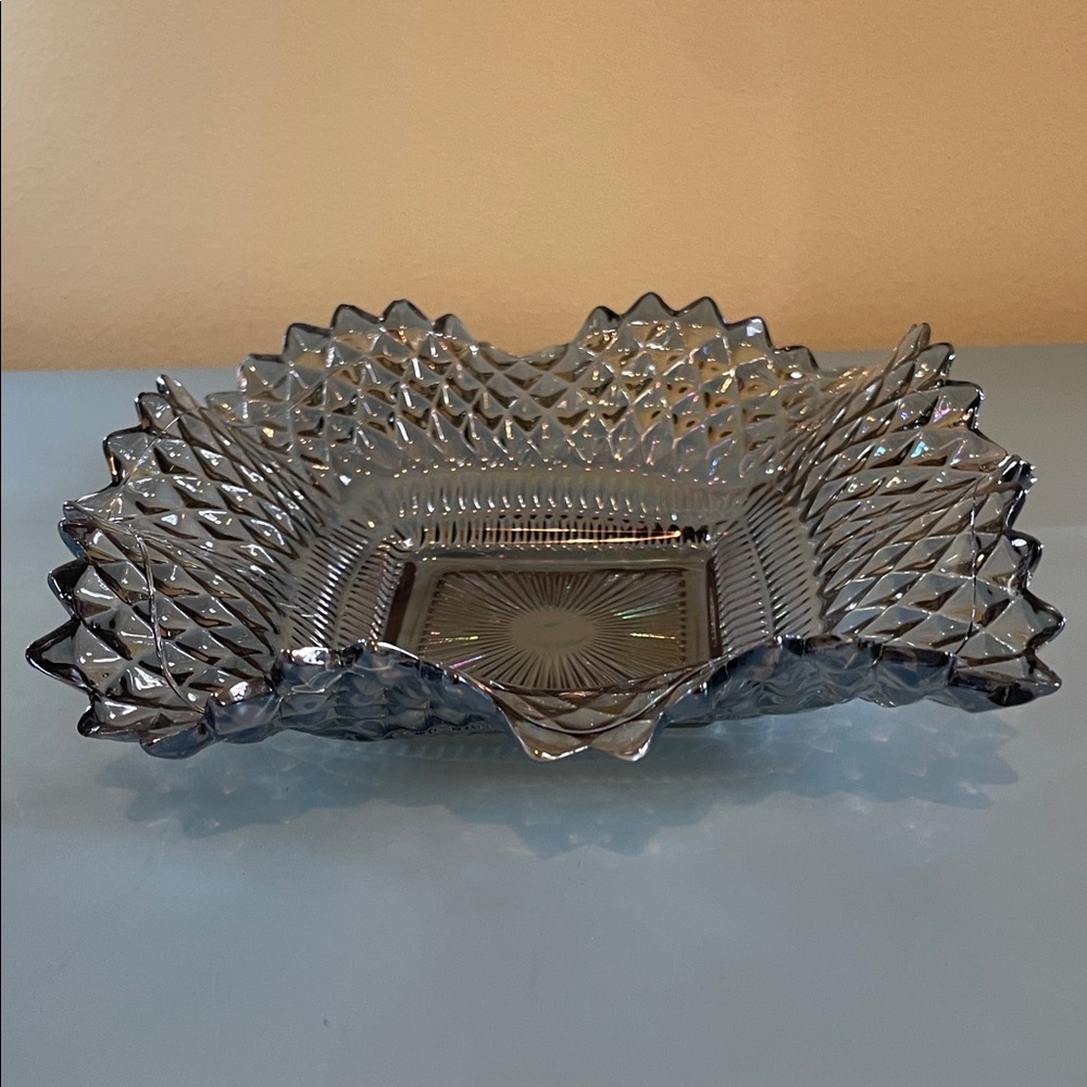 Vintage Scalloped Iridescent Smoke Carnival Candy Dish with Diamond Point Edge
